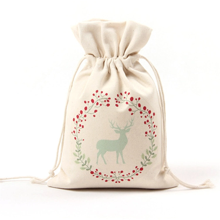 Wholesale Customized Design Festival Seasonal Gift Christmas Food Portable Reusable Promotion Pouch Packing Double Pull Cord Muslin Canvas Cotton Drawstring Bag