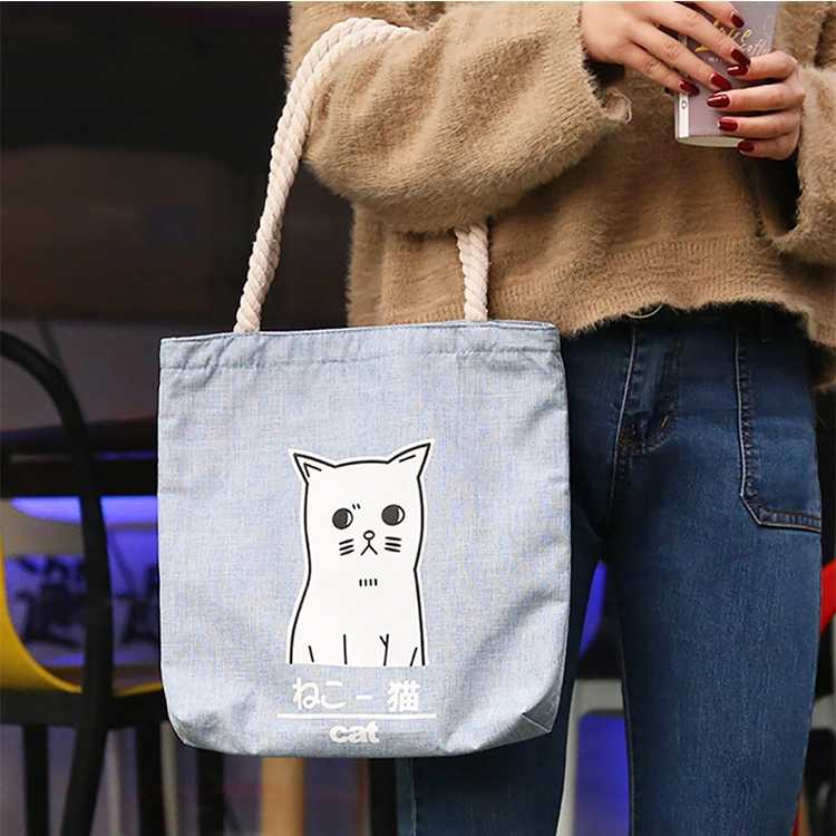 Hot Sale Eco Reusable Fashion Cute Cartoon Cat Korea Simple Handbag Heavy Duty Durable Cotton Canvas Promotional Shopping Tote Bags